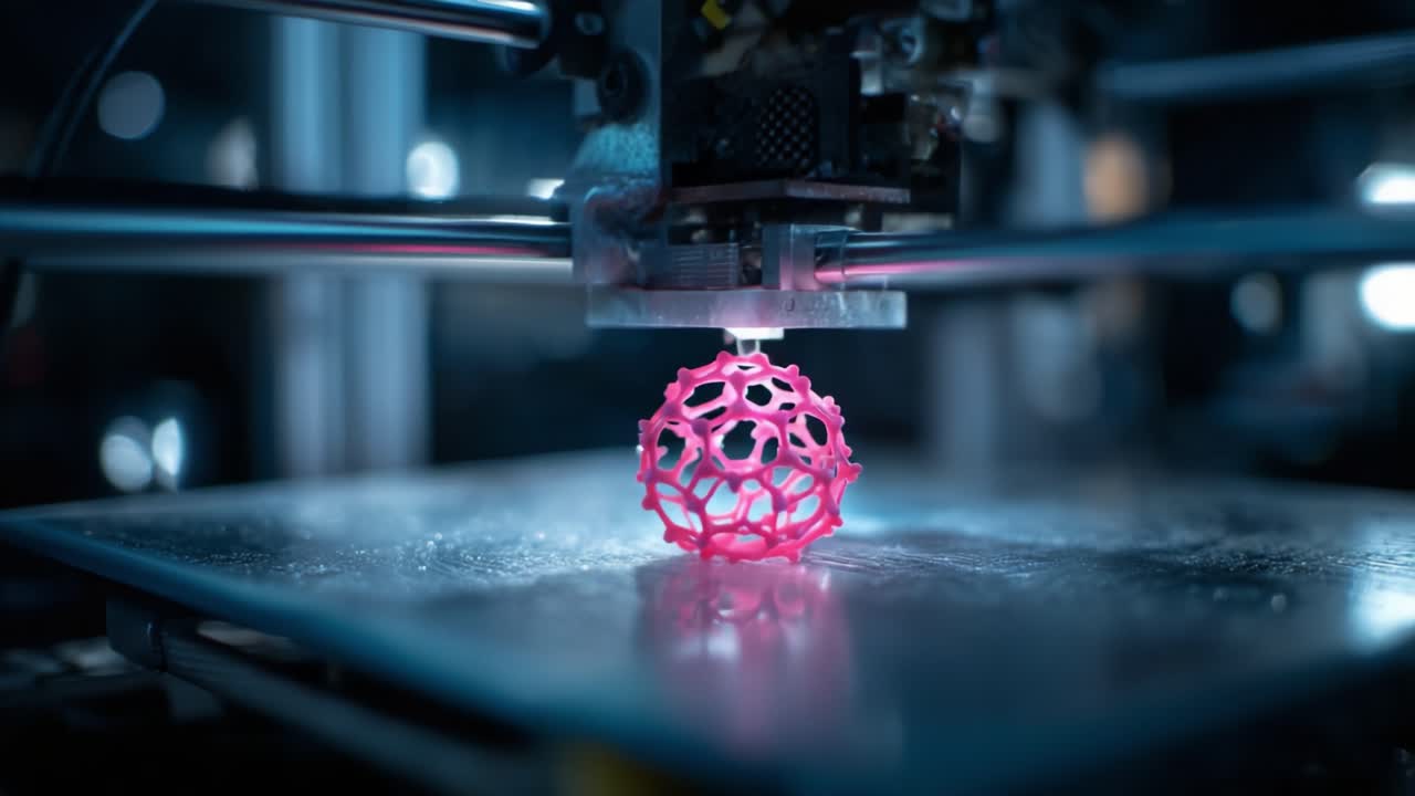 A High-Tech 3D Printer In Action Creating A Vibrant Pink Geometric Structure, Showcasing Advanced Manufacturing Techniques And Intricate Design Processes