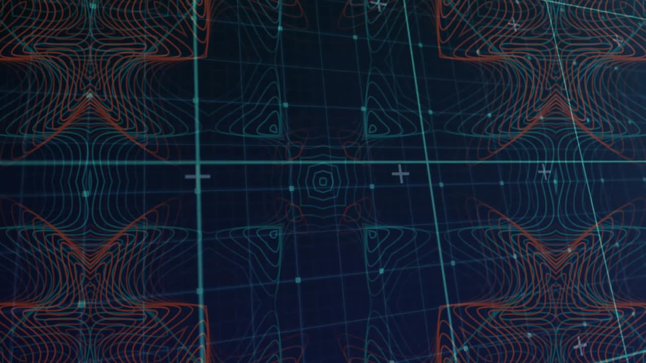 Showing flat design cyan hexagon glowing within neon grid overlay with orange accents on dark blue