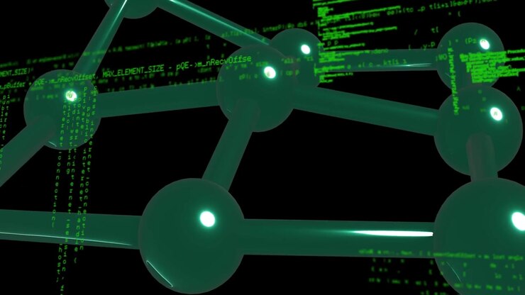 Camera sweeping, green lattice rotating, nodes glowing and code scrolling, representing data flow