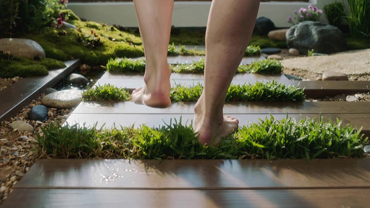 Walking bare feet stepping along garden path planks and grass, heel lifting, heading bright window