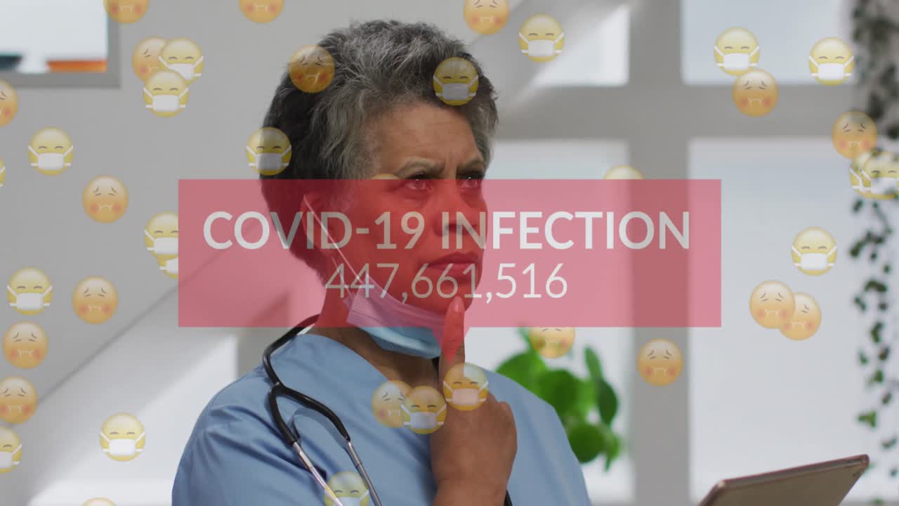 Animation of covid 19 infection numbers and emojis over female doctor thinking with face mask