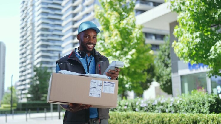 Corriere Sorridente con Pacco e Scanner in un Ambiente Urbano