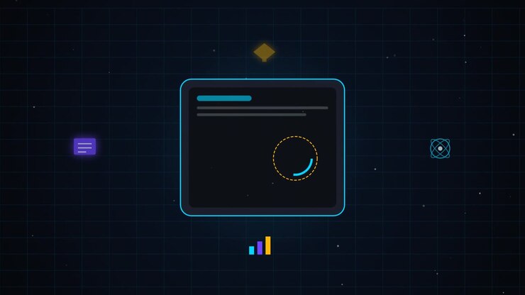 Abstract Digital Interface with Rotating Loading Icon and Floating Icons