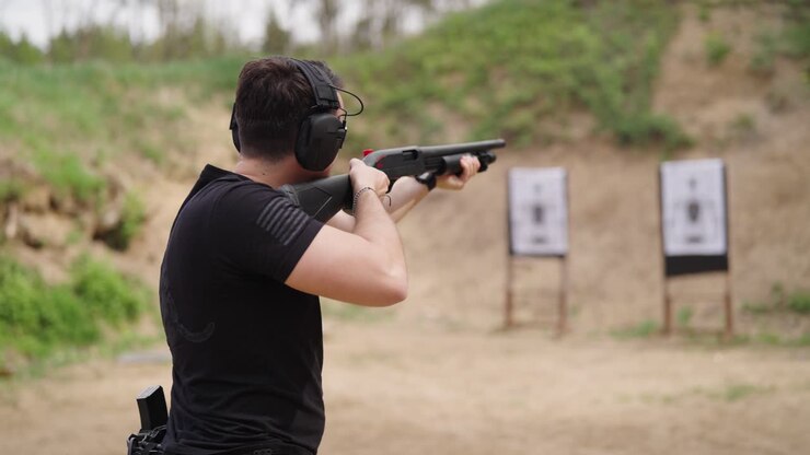 Shooter fire several shots from shotgun, target practice, Olesko, Czechia