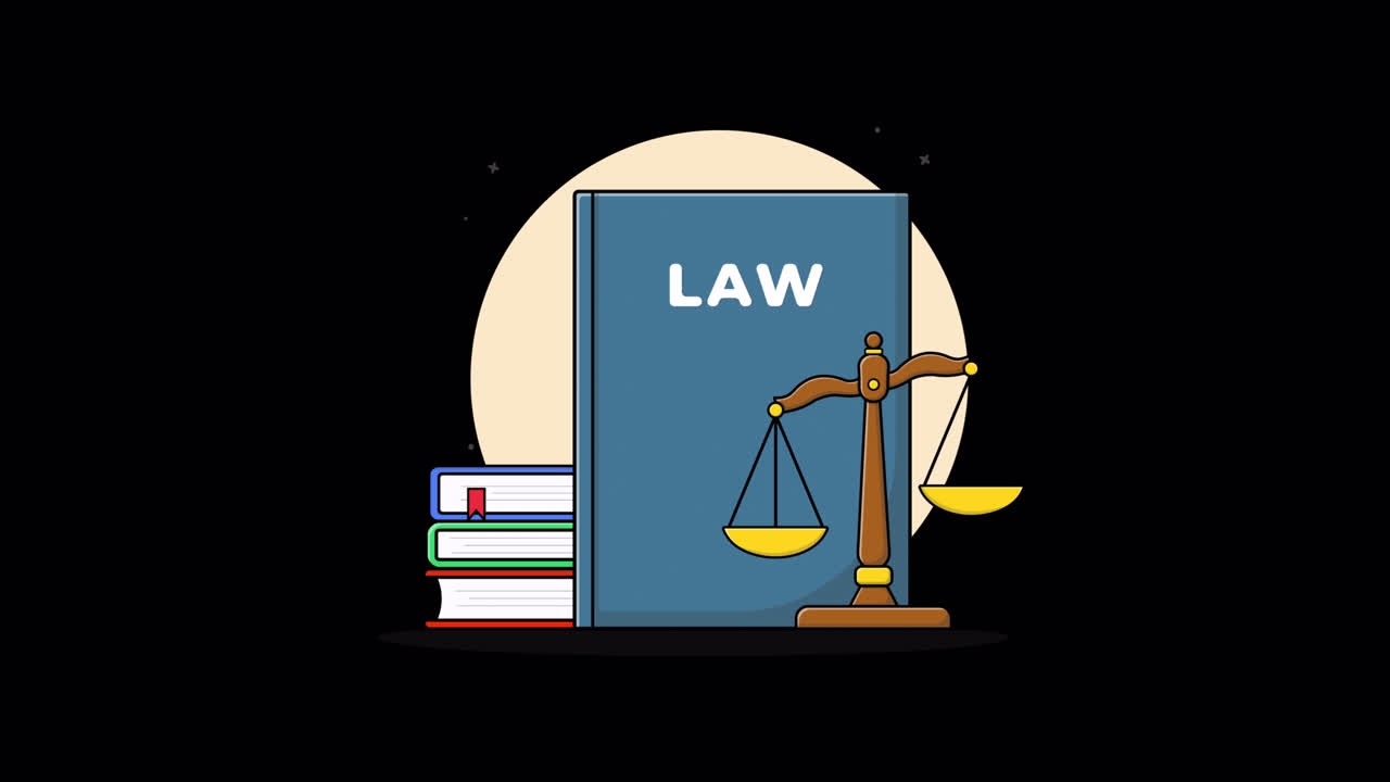 Libro di legge animato con bilancia della giustizia e pila di libri