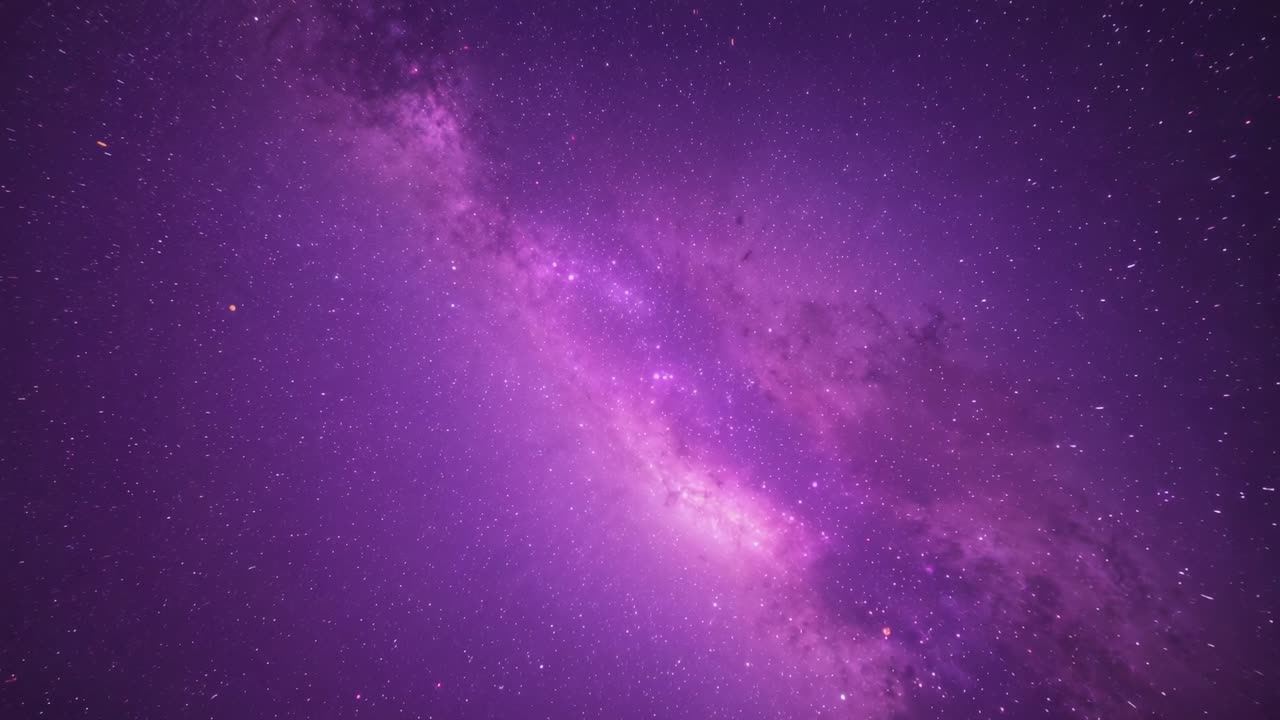 Starting framing Milky Way core, camera panning through violet star clusters revealing dust lanes