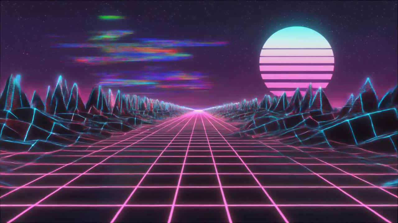 Strada a griglia al neon in un paesaggio retrò synthwave con sole glitch