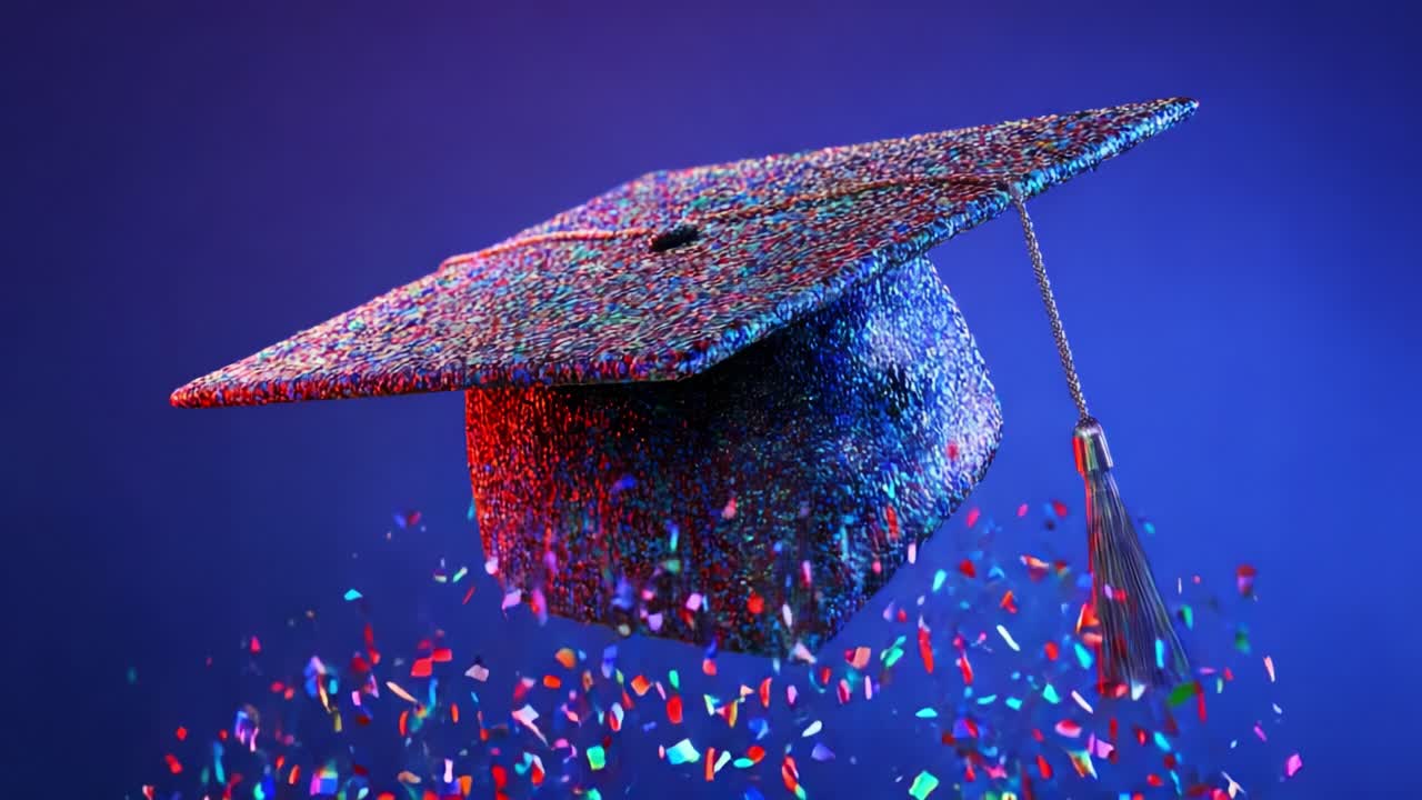 Un tocco spettacolare di laurea, adornato con coriandoli vivaci, che simboleggia il successo e la celebrazione, fluttua elegantemente su un suggestivo sfondo blu, catturando l'essenza dei traguardi educativi.