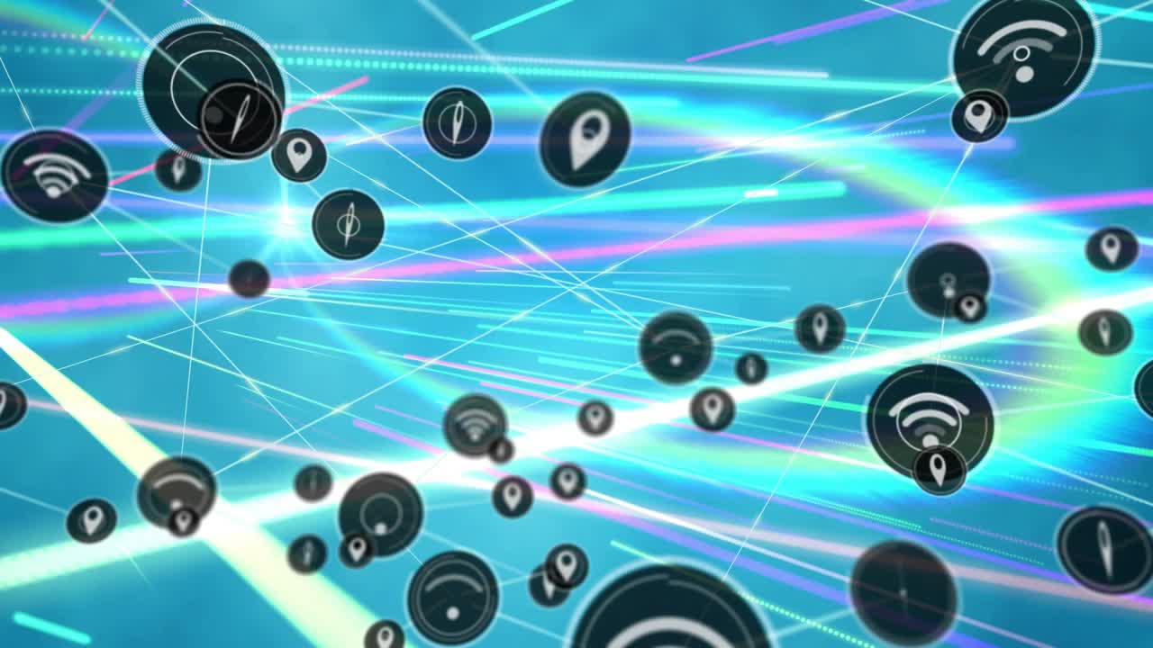 Single black icon starting on teal glow, spawning orbiting tech icons, linking and showing network