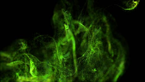 corriente de partículas luminosas verdes bajo el agua en fondo negro corre en un campo esférico, lugar para su texto, logotipo. canal alfa como luma mate. efecto de tinta de advección. 3