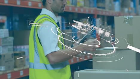 animation of scope scanning over man using tablet in warehouse