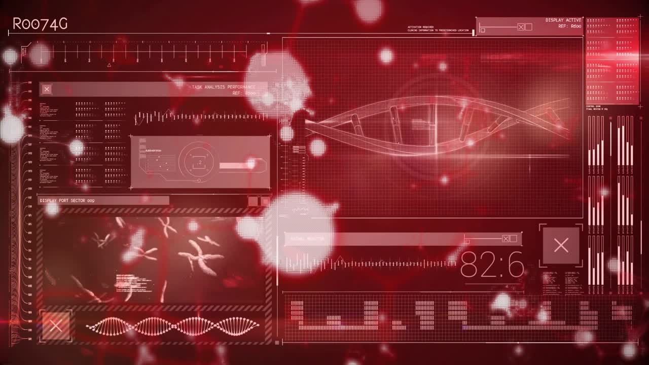 数値表示がしきい値を超え、HUDがDNAらせんをアニメーション表示し、微生物パネルが分析のために移動