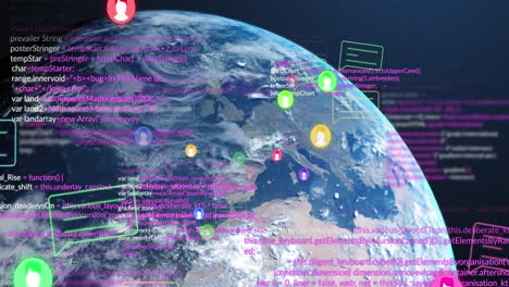 animación de iconos digitales y procesamiento de datos en todo el mundo