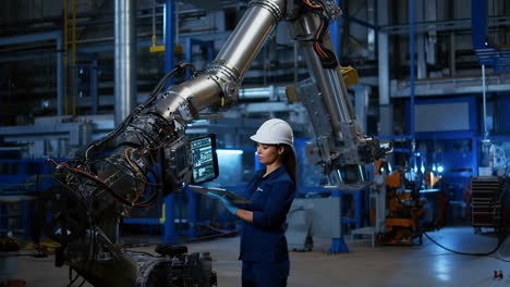 female engineer operating or inspecting a large industrial robotic arm in a factory