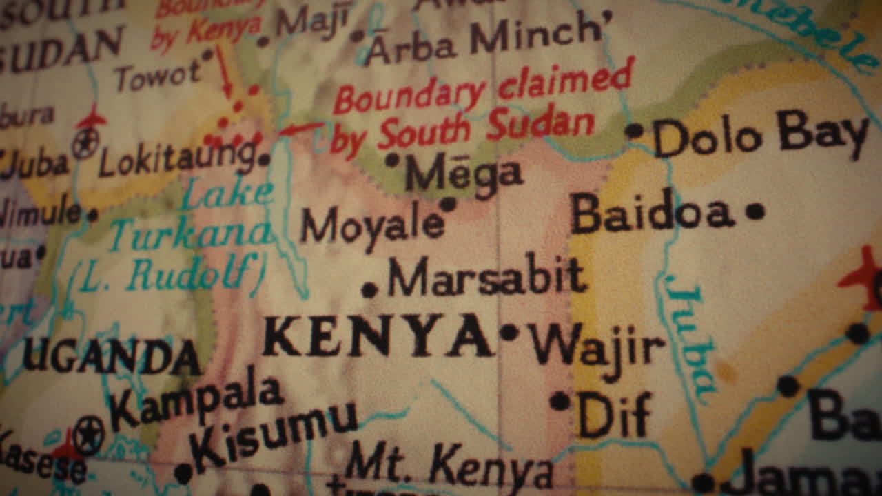 Close-up view of a map showing Kenya and neighboring African countries