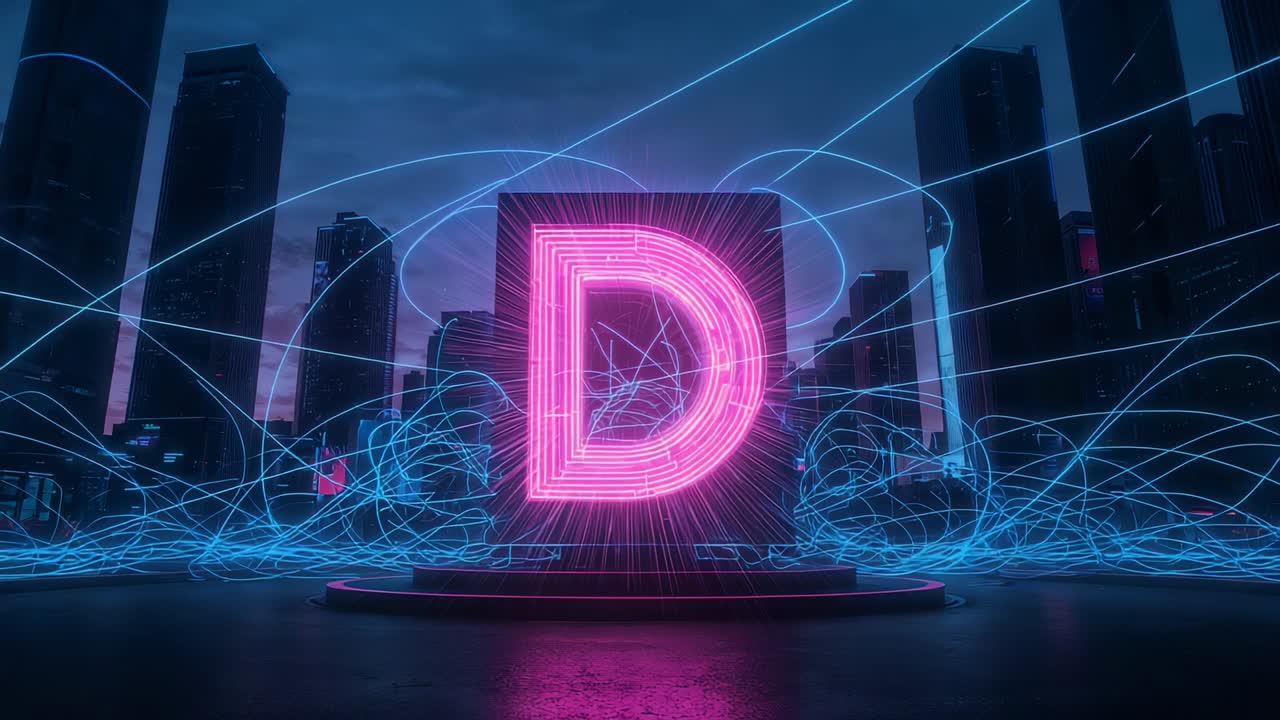 Dusk settling, neon pink letter D emerging on platform in plaza, blue light streams weaving