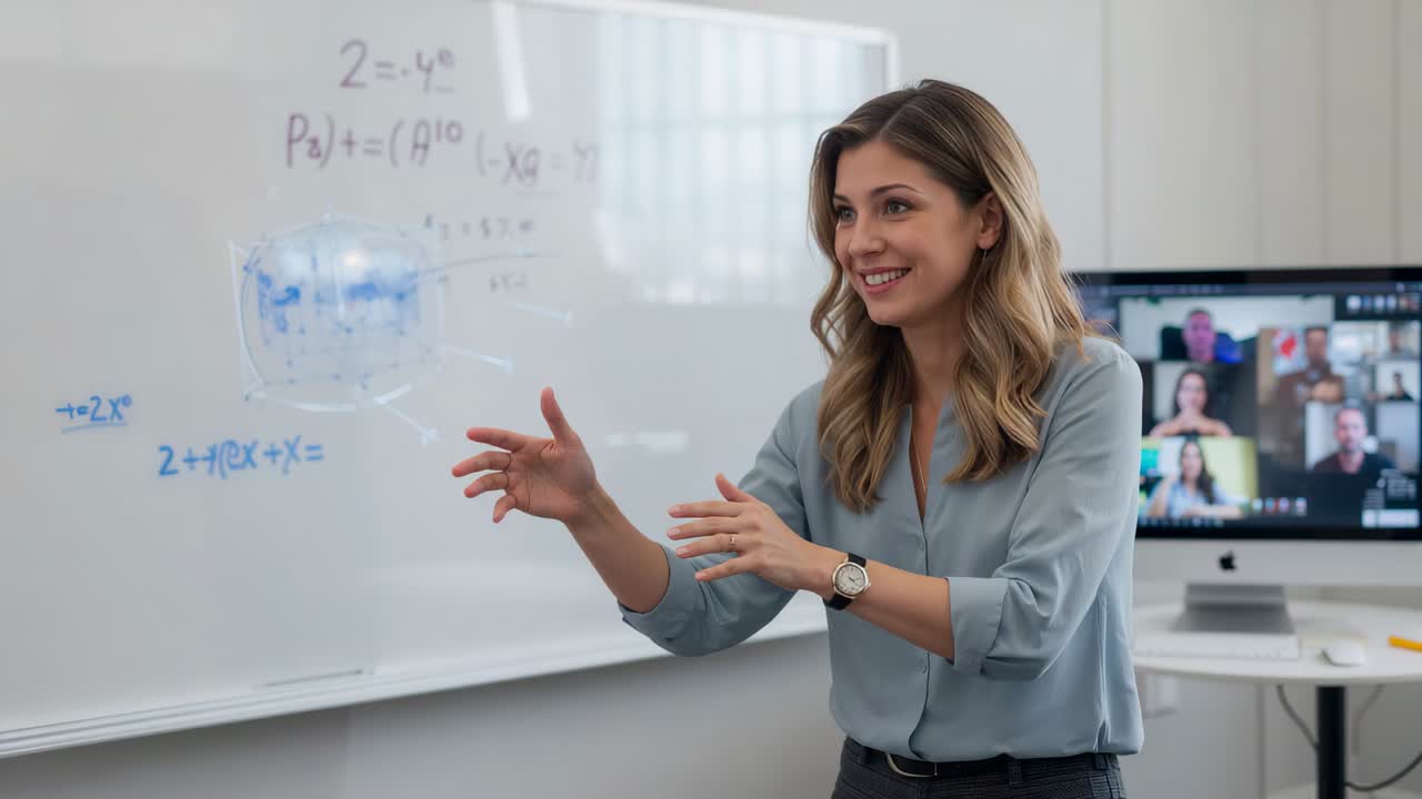 Starting call, presenter in blue blouse wearing watch pointing at board, explaining math on screen