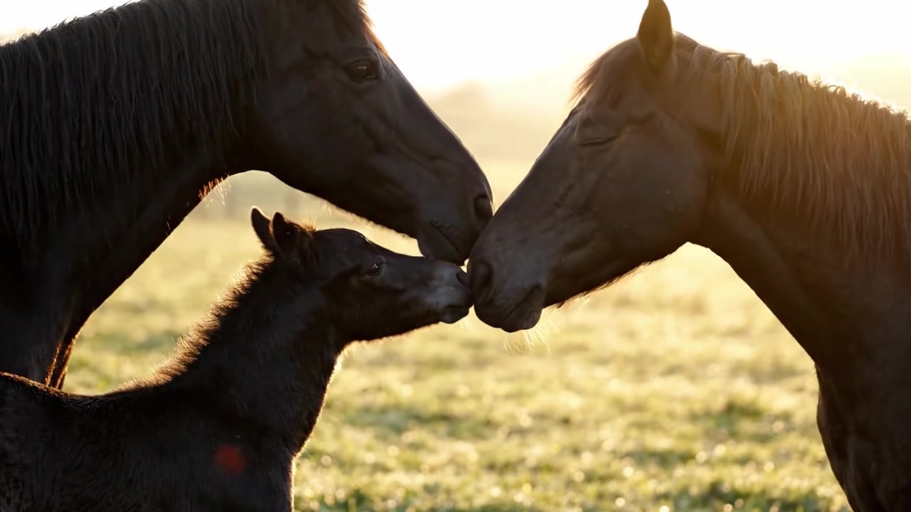 Uma Cena Emocionante de uma Égua Preta e Seu Potro Abraçando o Nascer do Sol Dourado em um Prado Orvalhado com Dois Outros Cavalos por Perto