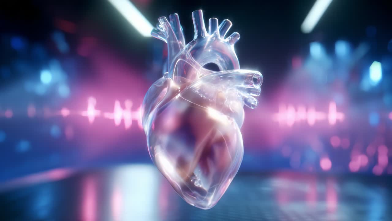 A stunning visualization of a transparent, glowing heart, illustrating its intricate structure against a vibrant backdrop of pink and blue lights, symbolizing emotion, life, and the essence of human existence