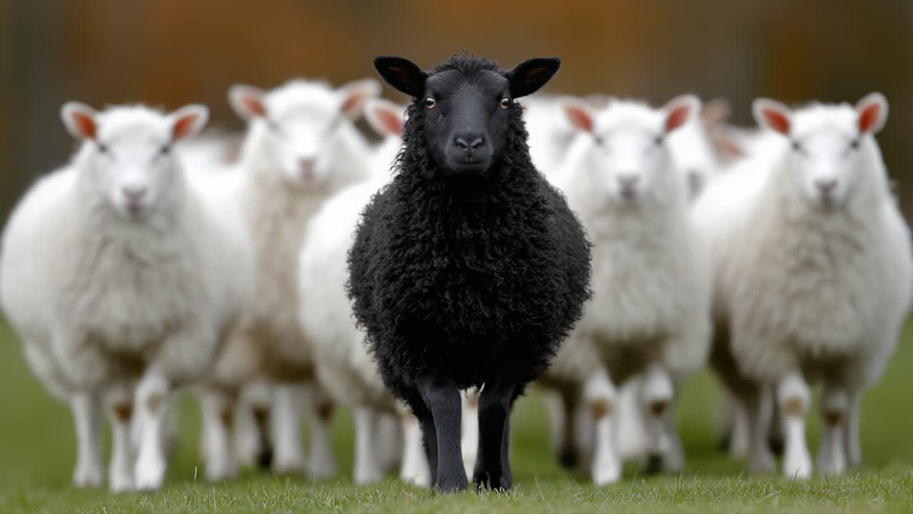 Contrasting Colors in the Pasture: A Bold Black Sheep Stands Out Amidst a Flock of White Sheep, Showcasing Unique Individuality and Natural Beauty