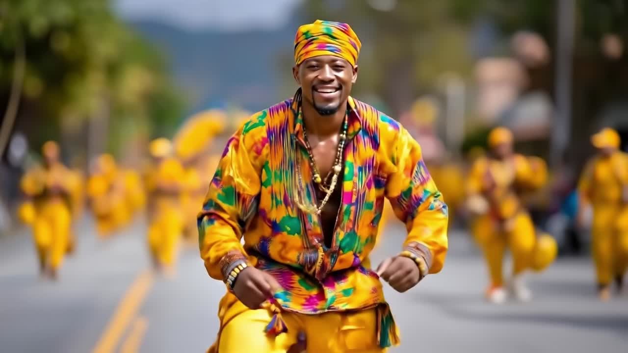 Un uomo con un abito colorato balla durante una parata