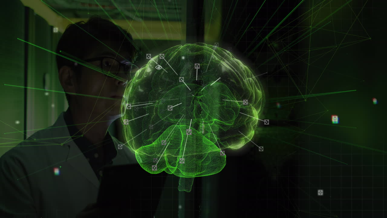 animación de conexiones y cerebro digital sobre hombre asiático en la sala de servidores