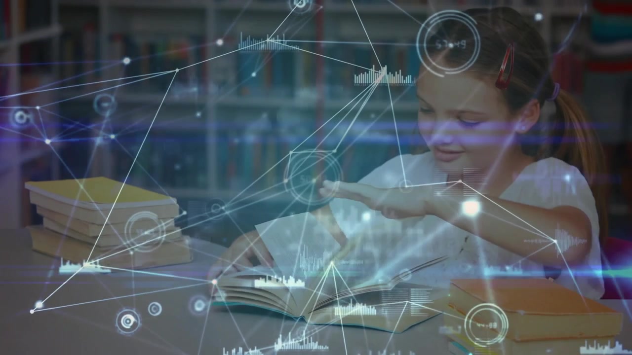 Student opening book and scanning text, activating animated data overlays for education analysis