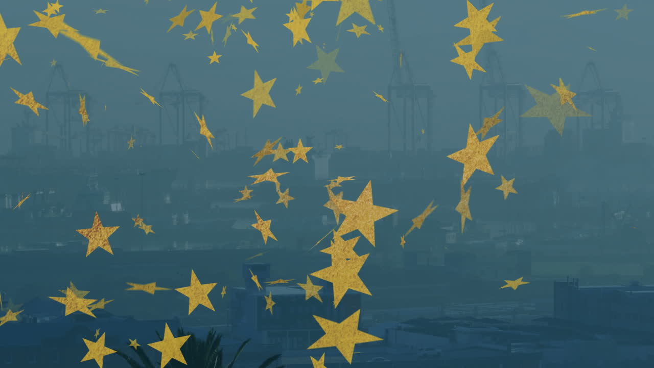 Golden stars animation over industrial cityscape with cranes in background