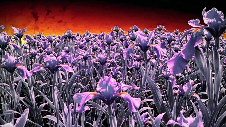 Field of Blooming Purple Irises Under a Dramatic Sunset Sky