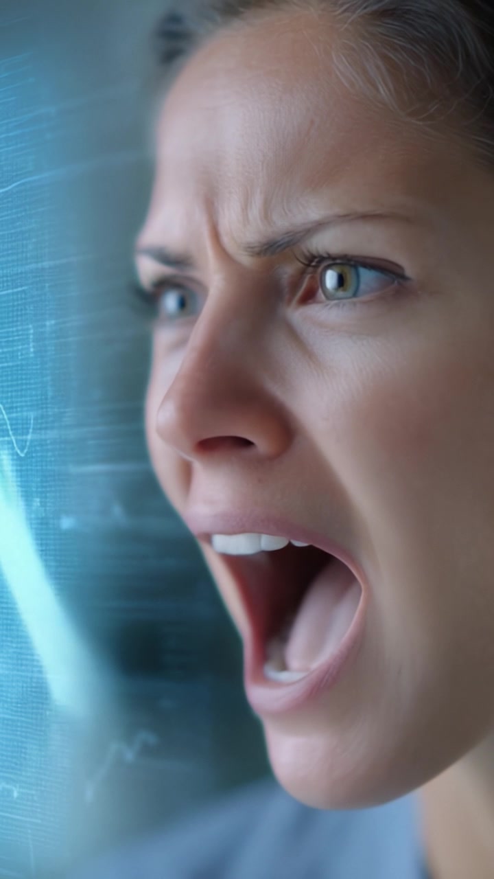 Intense Emotional Expression: A Woman Shouting with Passion Amidst Abstract Digital Background Representing Data and Thoughts in High-Energy Scene