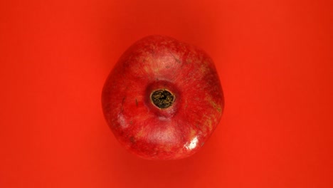 la fruta madura de la granada entera gira alrededor de su eje sobre un fondo rojo.