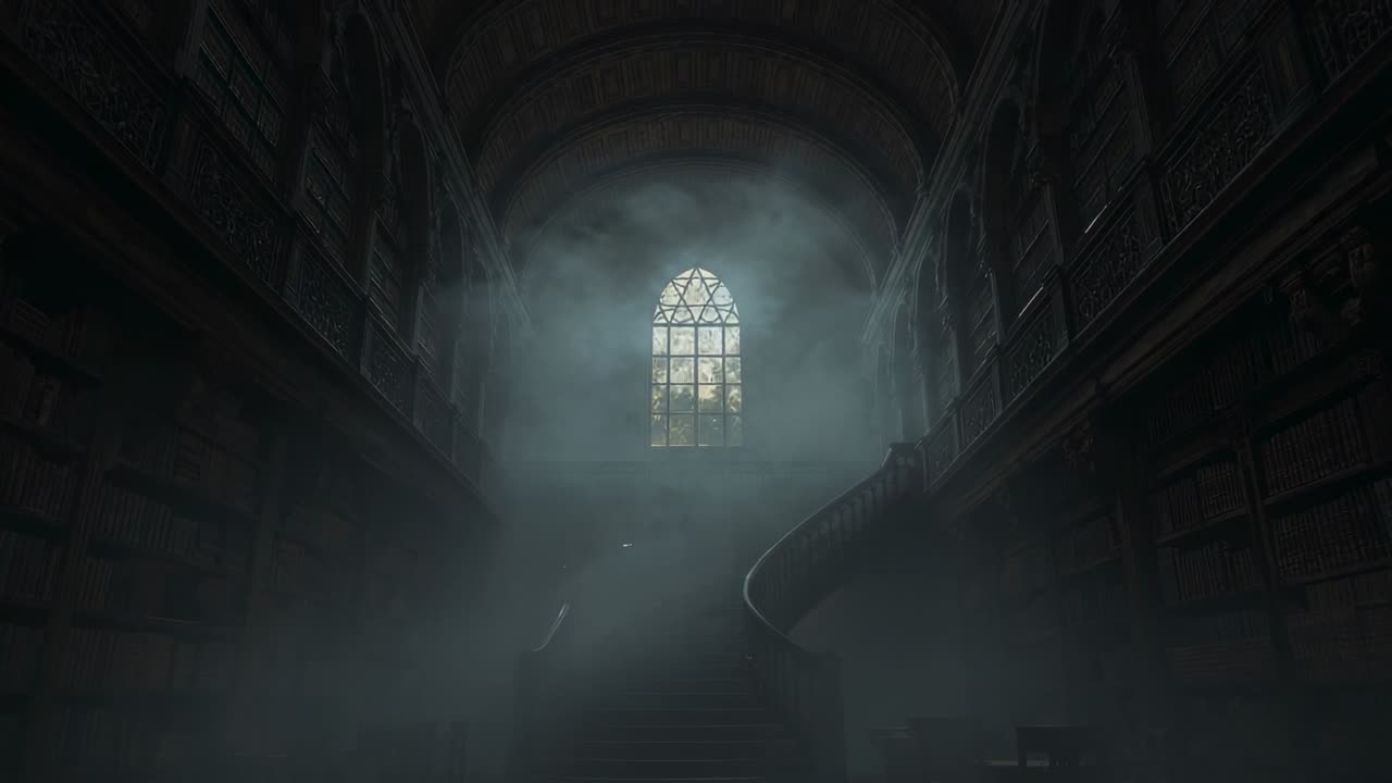 Streaming daylight through arched window illuminating swirling mist and bookshelves in library hall
