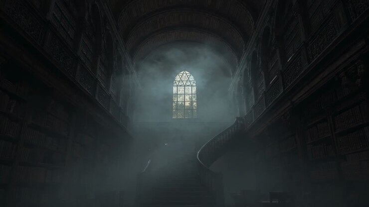 Streaming daylight through arched window illuminating swirling mist and bookshelves in library hall