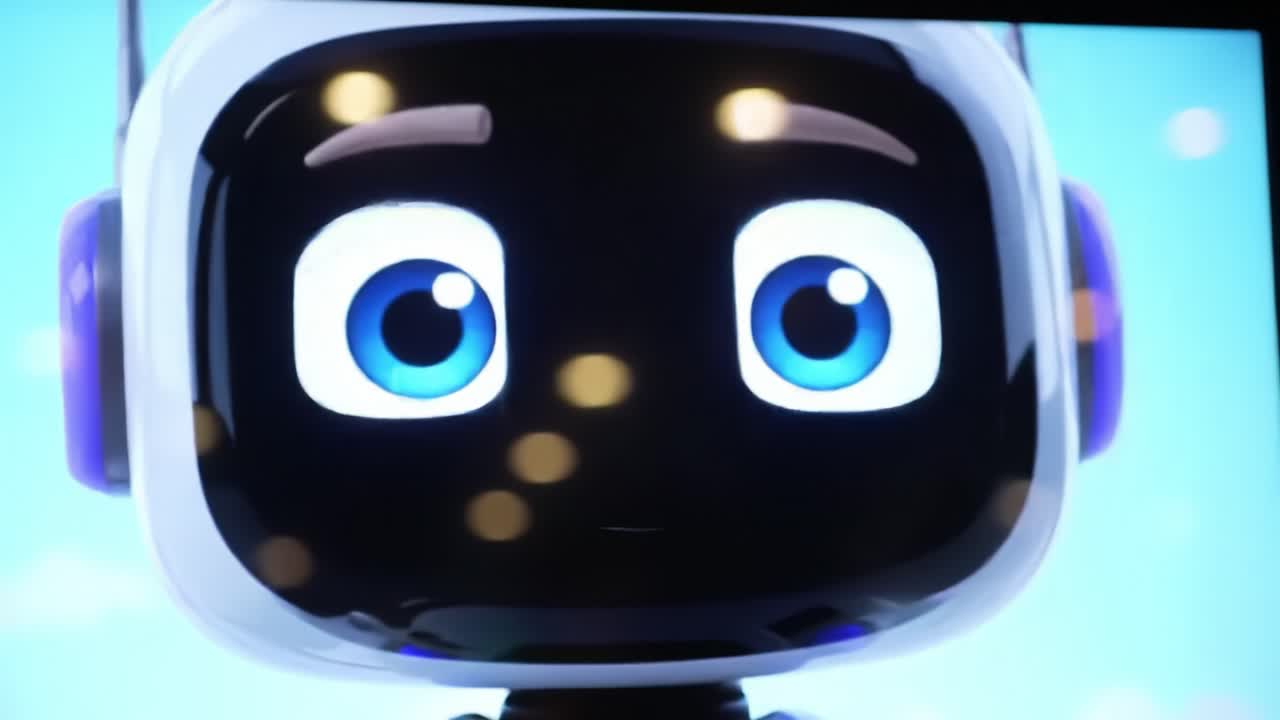 An Animated Character with Expressive Blue Eyes and a Friendly Smile, Showcasing Emotion with a Playful Design Against a Bright Background