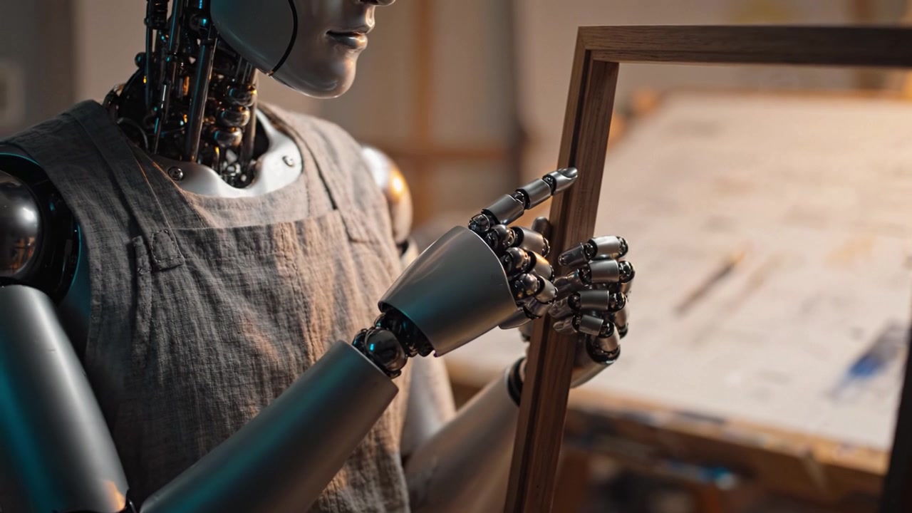 Ahşap bir çerçeve tutan, araçlar ve tuvallerle dolu çalışma alanı tarafından çevrili, sanat yaratmaya hazır fütüristik bir robot sanatçı, yaratıcılığı ve teknolojiyi temsil ediyor