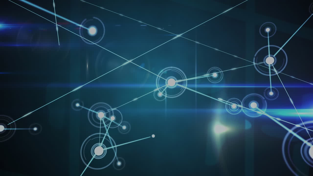 animación de puntos conectados con líneas sobre las llamaradas de la lente contra un fondo azul