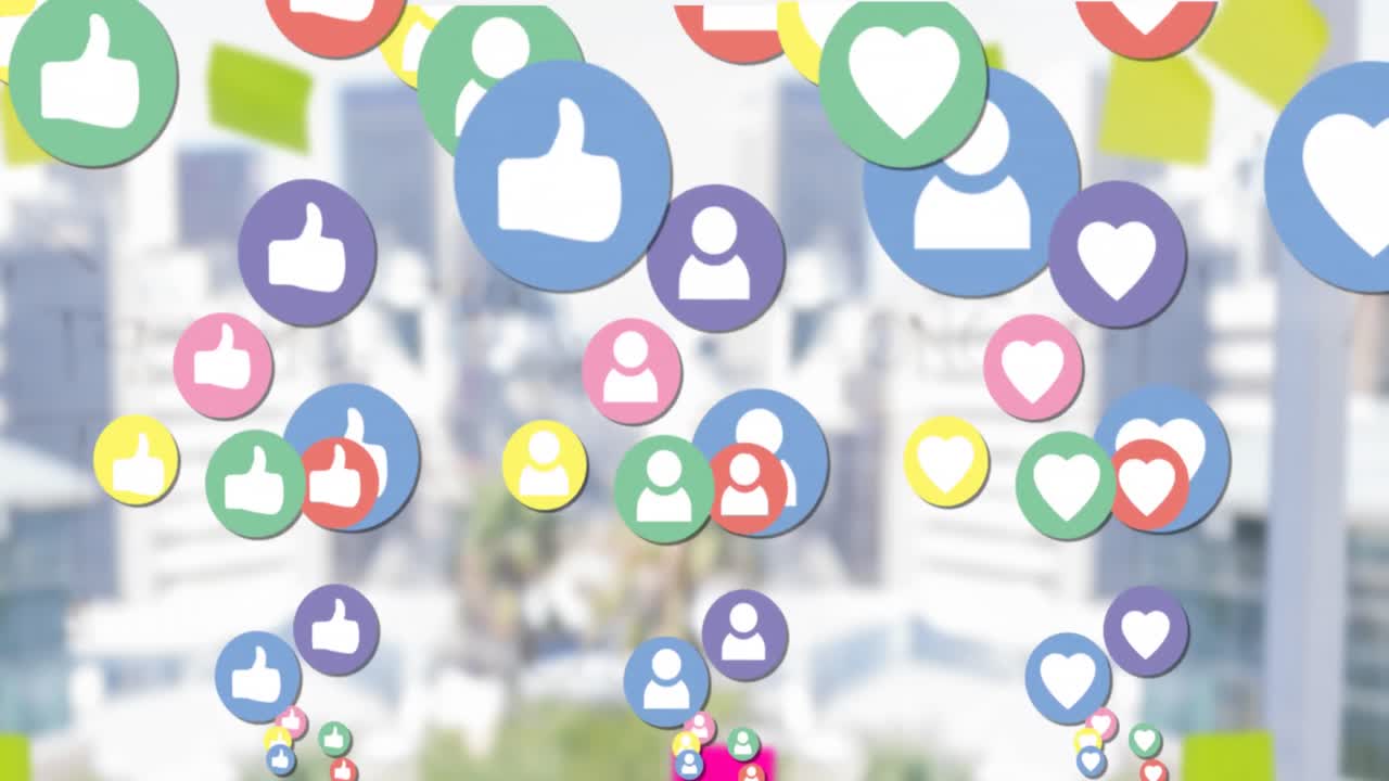 다채로운 프로파일, 심장 및 현대 도시 풍경의 공중 시상 위의 아이콘의 애니메이션