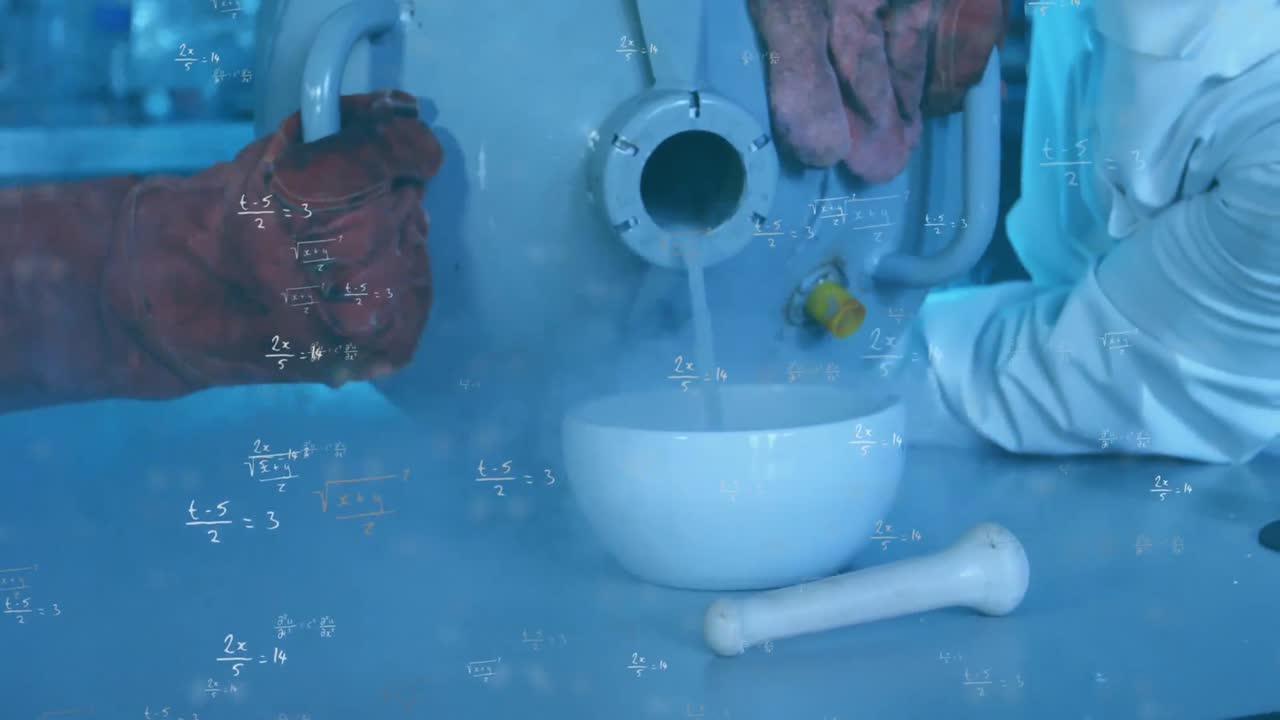 수학적 방정식이 실험실에서 일하는 과학자에 맞서 움직입니다.