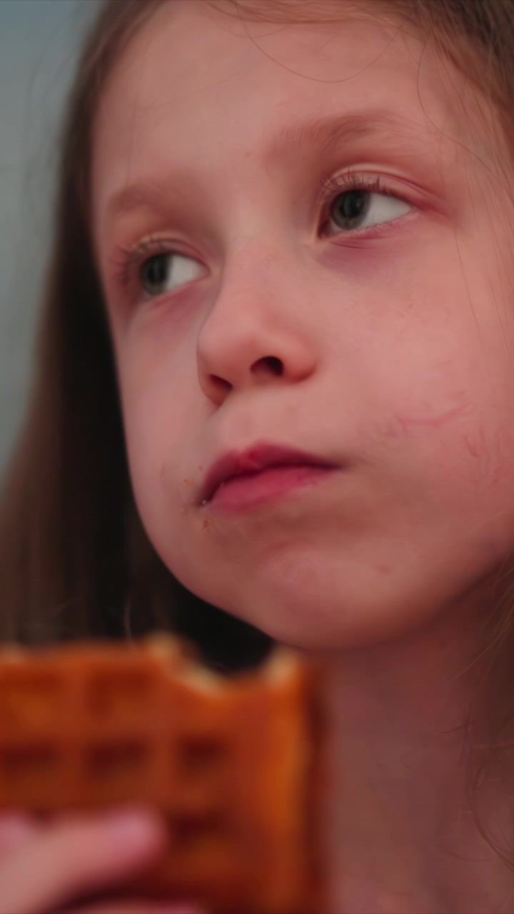 Primo piano di una bambina che mangia un waffle, tenendolo e portandolo ripetutamente alla bocca. Il waffle è dorato con dettagli di texture visibili. Lo sfondo è leggermente sfocato, enfatizzando l'azione del soggetto.