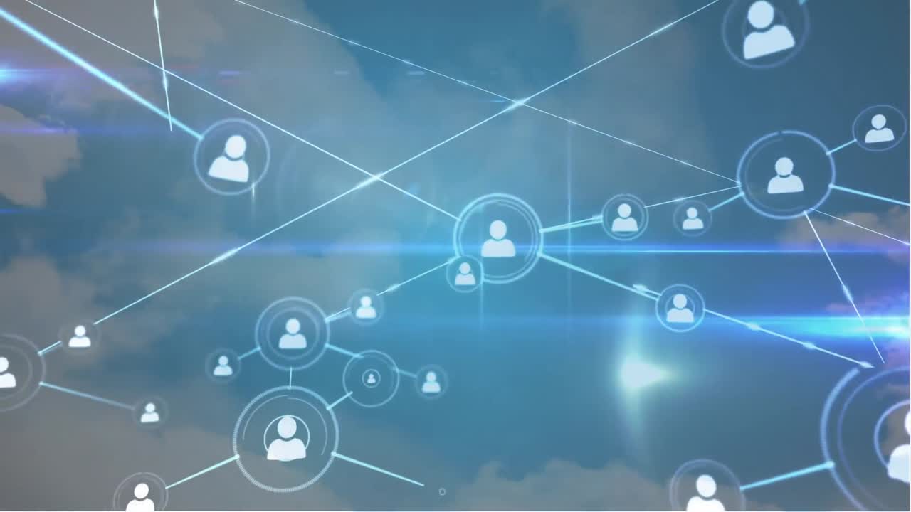 animación de la red de conexiones con iconos sobre el cielo