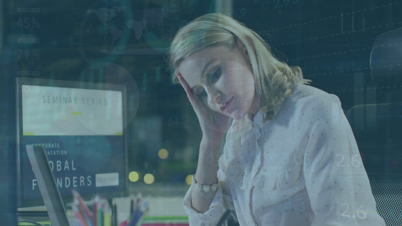 Animation of graphs, loading circles, trading board, thoughtful caucasian woman writing on notepad