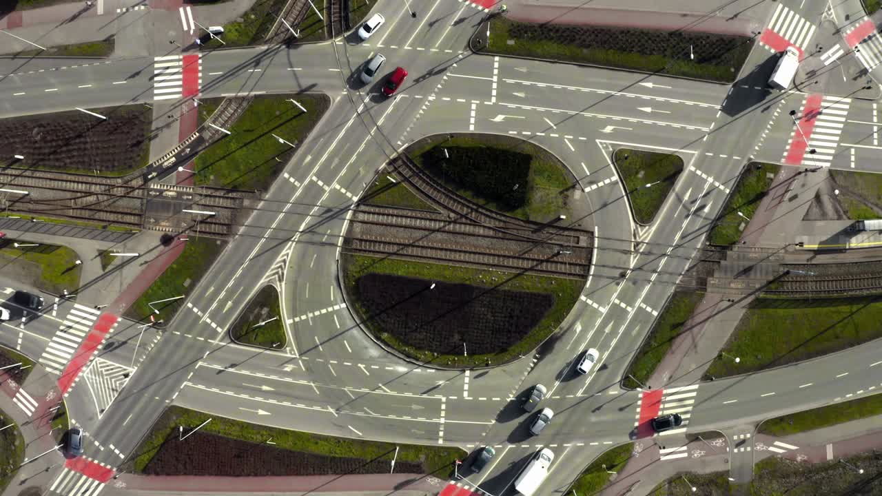 Aerial: Large Roundabout with Intersections in City