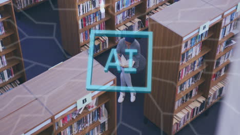 animation of ai text and data processing over biracial girl learning in library