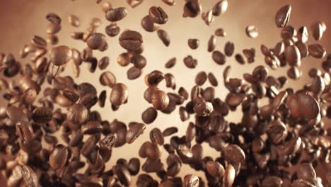 Fragrant coffee beans soar in the frame. Coffee beans shot on super slow motion camera 1000 fps.