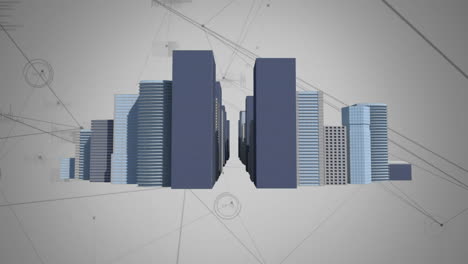 animación de la red de conexiones sobre el modelo de edificios 3d contra un fondo gris.