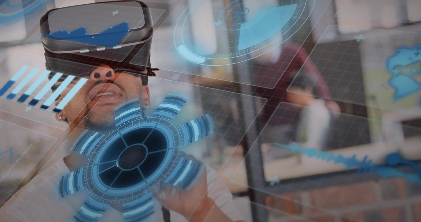 Muž s VR headsetem si sahá na bradu, zatímco rotující 3D datové kolo analyzuje metriky.