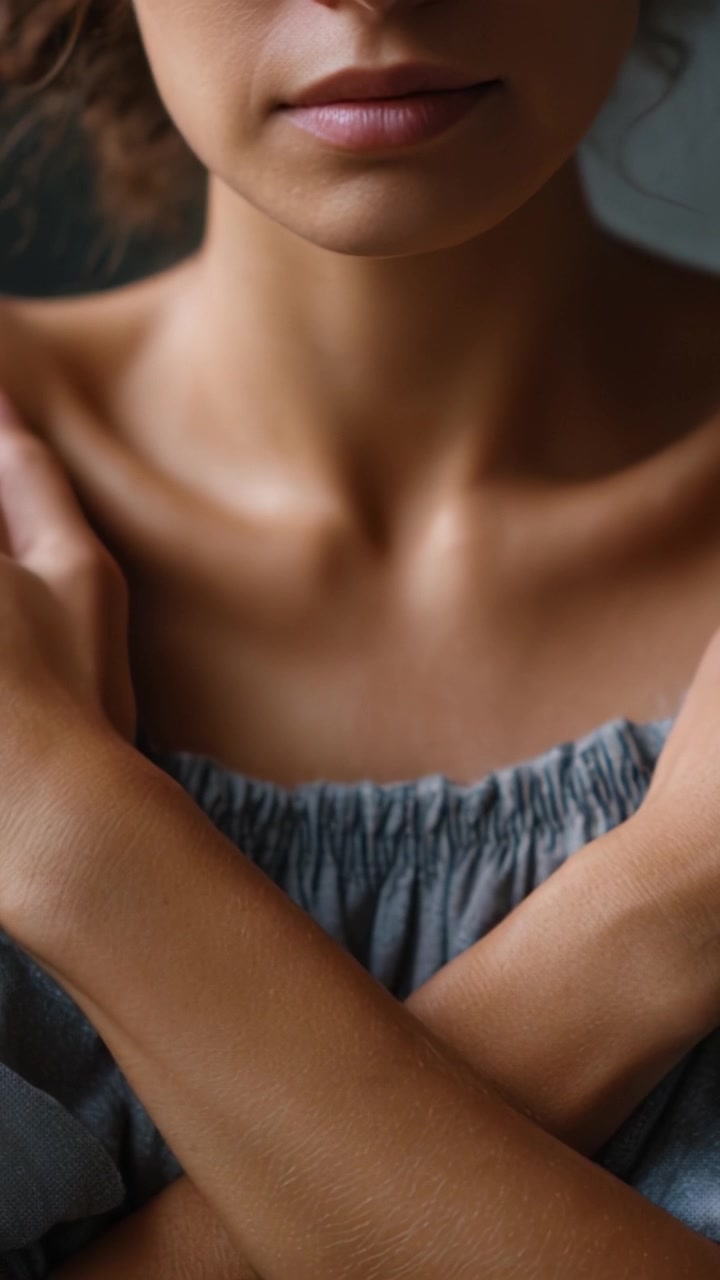 Ritratto intimo di una donna con le braccia incrociate che cattura l'essenza di serenità, forza e bellezza naturale con illuminazione soffusa e un'atmosfera rilassata.