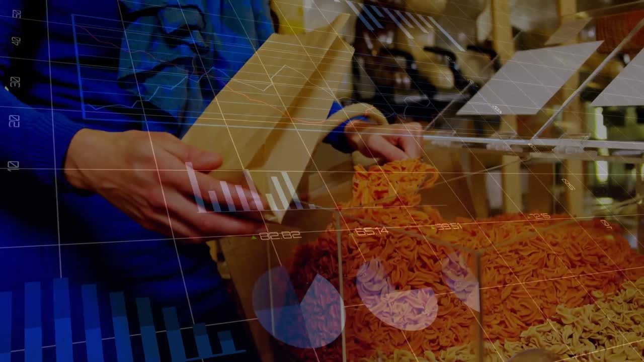 animación del procesamiento de datos financieros sobre la mujer en la tienda.