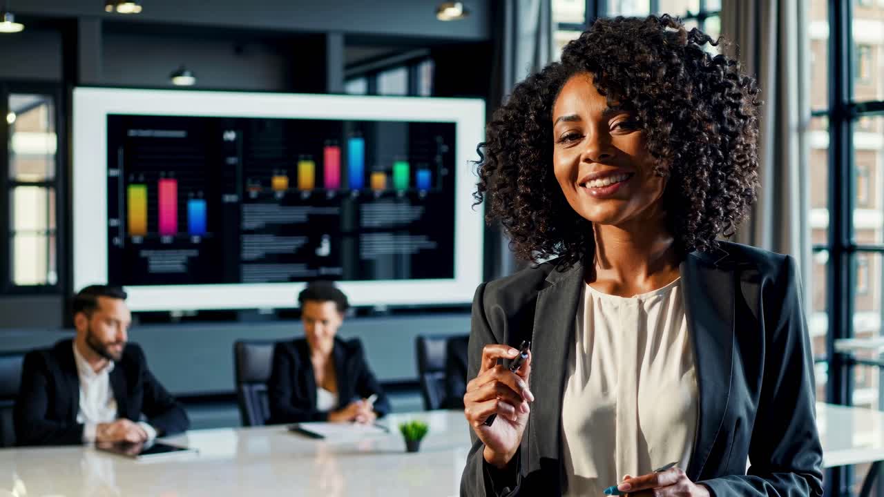 A confident businesswoman presents in a modern office, captured in a medium shot