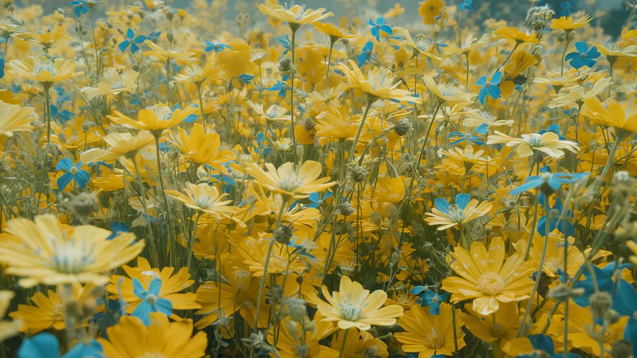Camera gliding through yellow daisies and blue wildflowers in rural meadow, showing stems seedpods